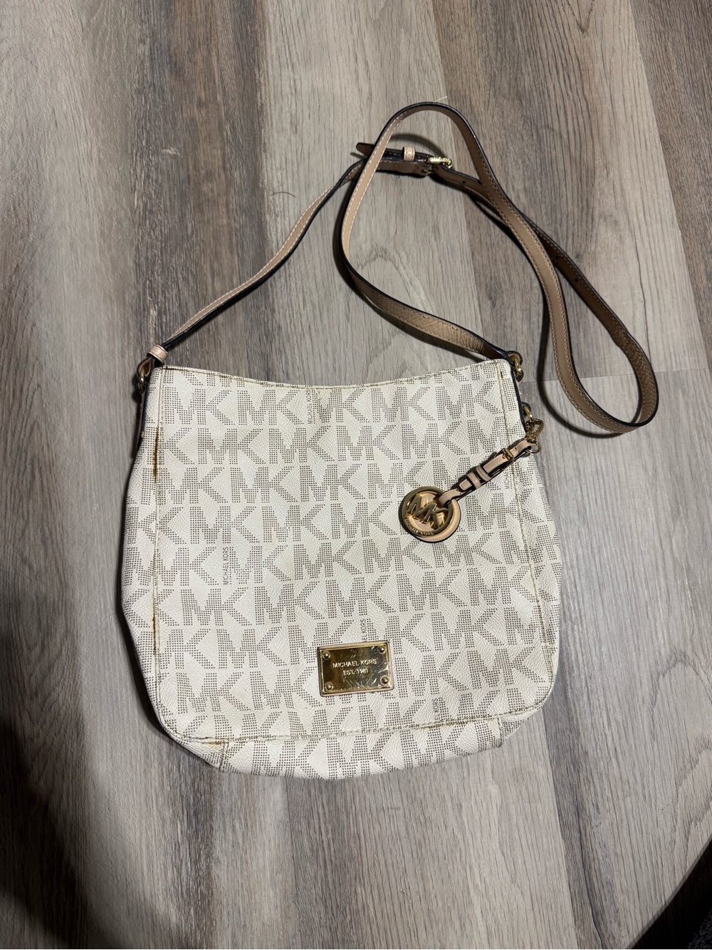 Michael Kors White and Tan MK Logo Crossbody Bag